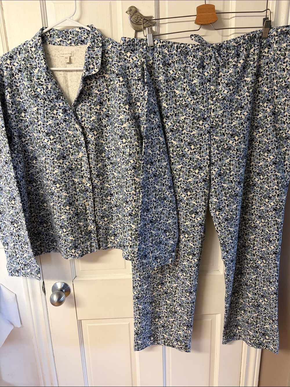 Garnet Hill Organic Cotton Floral Pajamas Blue Green Button Front Size XL